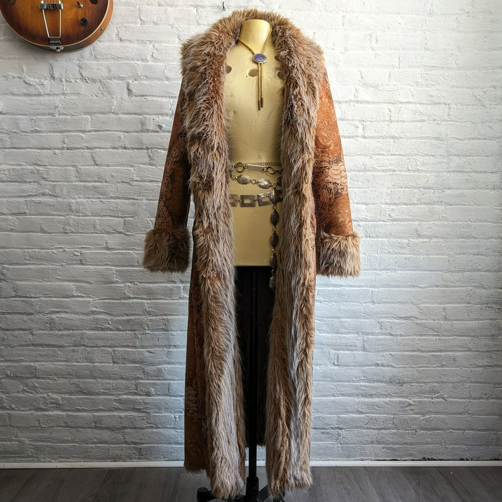 90s Vintage Penny Lane Groovy Faux Fur Jacket Shaggy Afghan Tapestry Trench Coat - Picture 1 of 9
